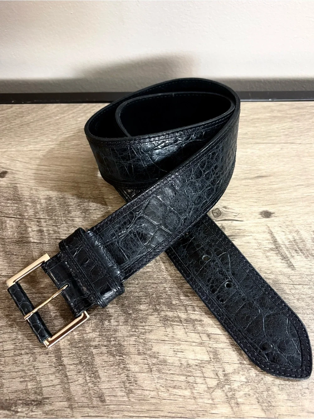 BTB B-LOW THE BELT Black CROCODILE EMBOSSED Wide Leather BELT  S